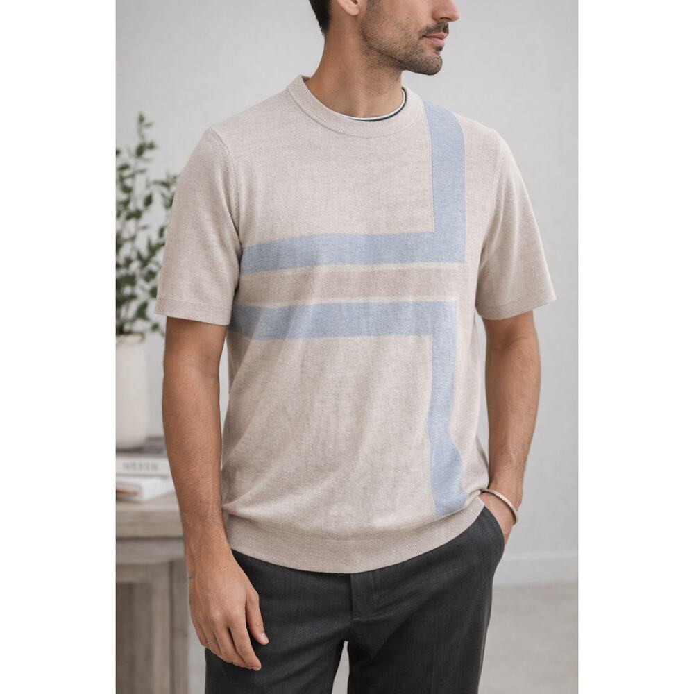 Ted Baker London Men’s Wool Sweater Size 3 Medium Beige Blue Knit Short Sleeve
